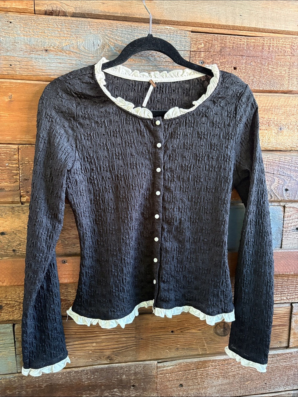 Free People Black Button-Front Long Sleeve Top with Cream Ruffle Trim